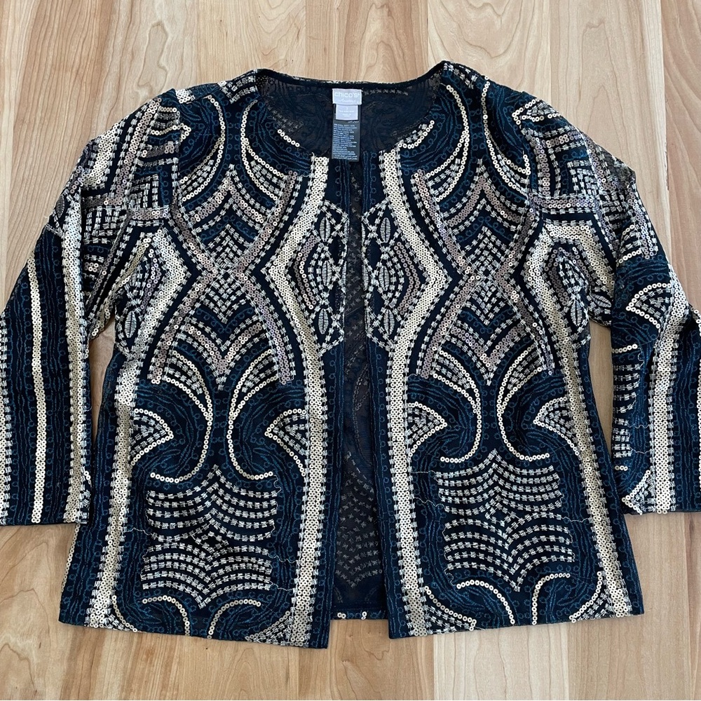 Chicos Travelers Collection Sz 1 (8/10) Medium Sequin Embroidered Jacket